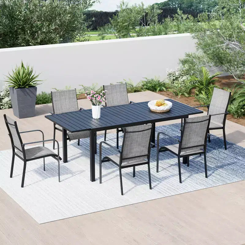 EROMMY 7 Piece Patio Expandable Table Dining Set, Outdoor Dining Table And Chairs Set For 4 To 8, 6 Textilene Chairs, 1 Iron Expandable Dining Table