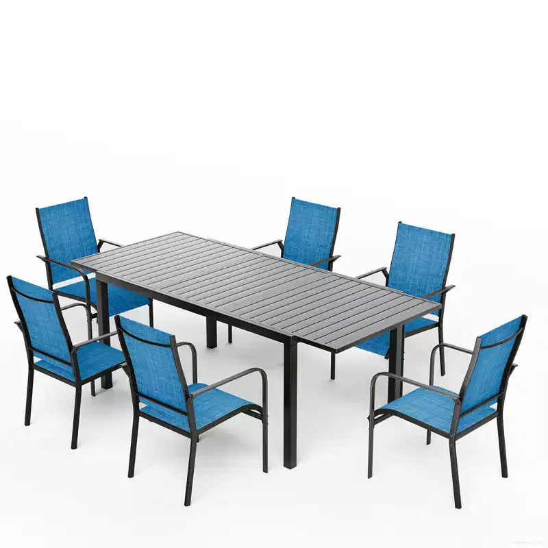 EROMMY 7 Piece Patio Expandable Table Dining Set, Outdoor Dining Table And Chairs Set For 4 To 8, 6 Textilene Chairs, 1 Iron Expandable Dining Table