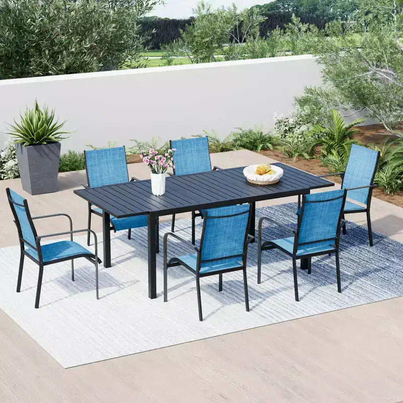 EROMMY 7 Piece Patio Expandable Table Dining Set, Outdoor Dining Table And Chairs Set For 4 To 8, 6 Textilene Chairs, 1 Iron Expandable Dining Table