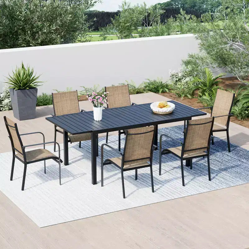 EROMMY 7 Piece Patio Expandable Table Dining Set, Outdoor Dining Table And Chairs Set For 4 To 8, 6 Textilene Chairs, 1 Iron Expandable Dining Table