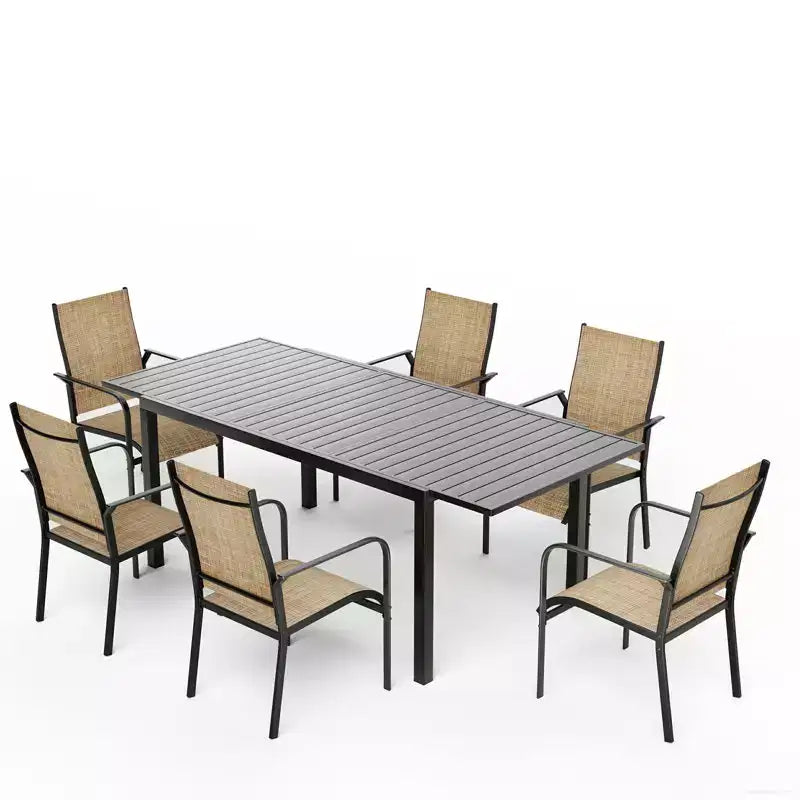 EROMMY 7 Piece Patio Expandable Table Dining Set, Outdoor Dining Table And Chairs Set For 4 To 8, 6 Textilene Chairs, 1 Iron Expandable Dining Table