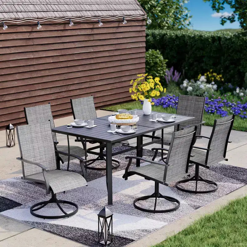 EROMMY 7-teiliges Terrassen-Esszimmer-Set, Outdoor-Esstisch- und Stuhlset für 6 Personen, 6 drehbare Stühle