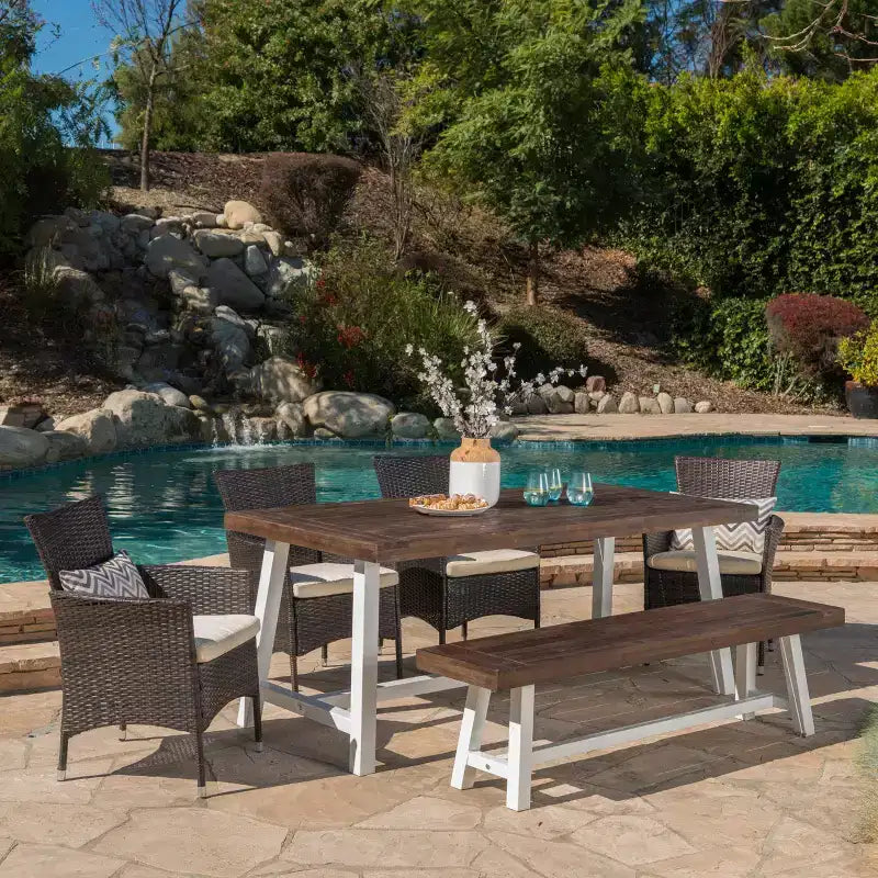 GDFStudio Preston 6-teiliges Outdoor-Essgarnitur-Set aus Akazienholz und Korbgeflecht