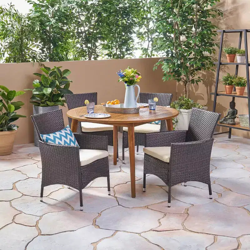 Christopher Knight Home Biella Outdoor Acacia Wood and Wicker 5 Piece Dining Set with Cushion