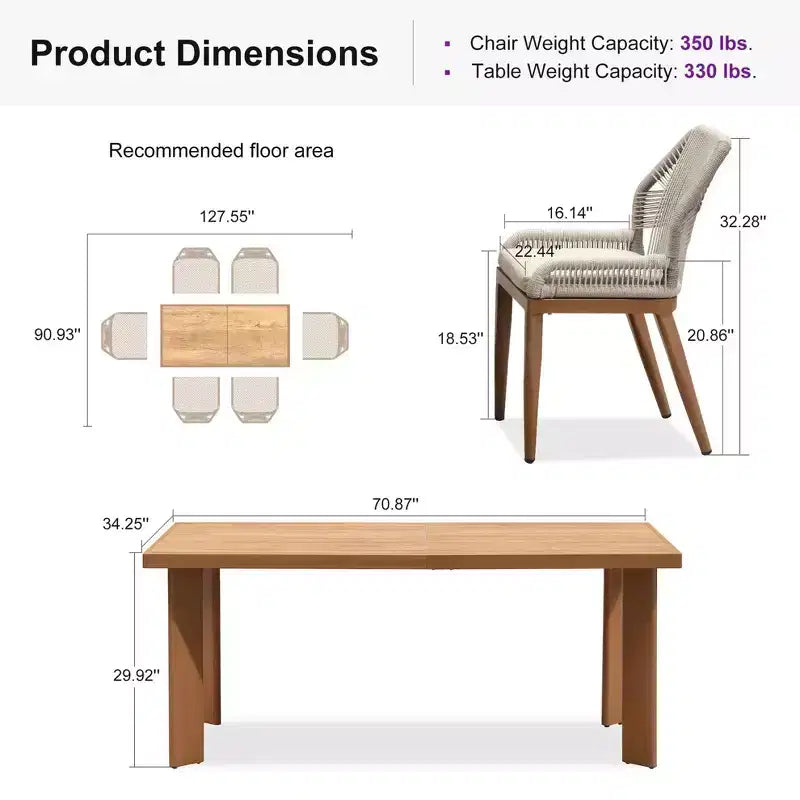 PURPLE LEAF Dining Set Patio Metal Rectangular Table and Wicker Rattan Chairs for Outside Porch Garden Kitchen Modern Outdoor Furniture Sets