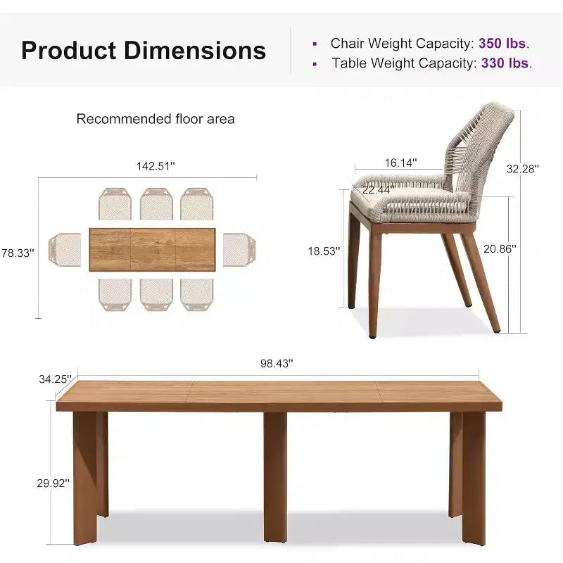 PURPLE LEAF Dining Set Patio Metal Rectangular Table and Wicker Rattan Chairs for Outside Porch Garden Kitchen Modern Outdoor Furniture Sets