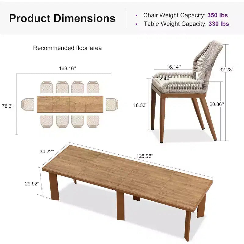 PURPLE LEAF Dining Set Patio Metal Rectangular Table and Wicker Rattan Chairs for Outside Porch Garden Kitchen Modern Outdoor Furniture Sets
