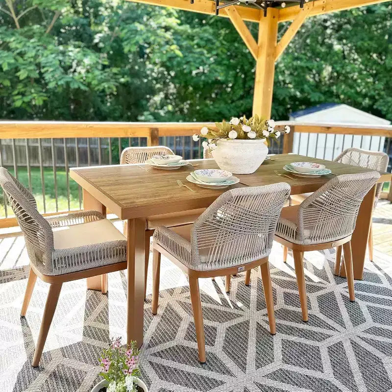 Set da pranzo PURPLE LEAF con tavolo rettangolare in metallo da patio e sedie in vimini e rattan per veranda, giardino o cucina, set di arredi moderni da esterno