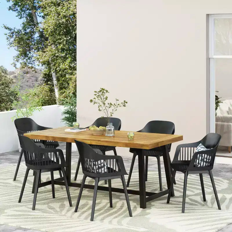 Christopher Knight Home Dahlia Outdoor 7 Piece Acacia Wood and Resin Dining Set with 70.75 Dining Table, Black/Sandblasted Teak