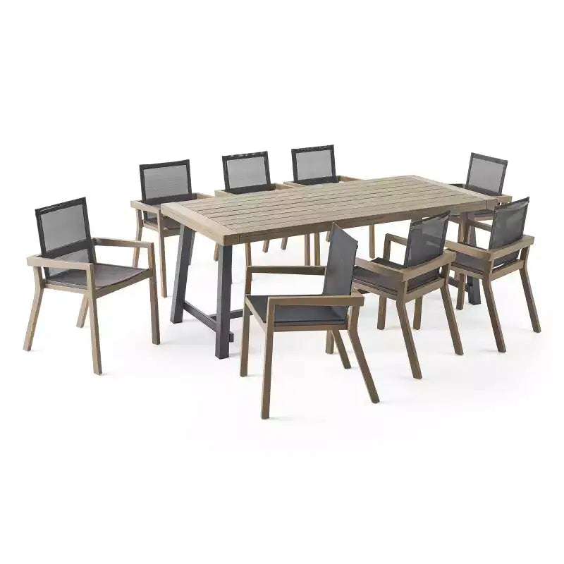 Christopher Knight Home Claude Outdoor Mesh and Acacia Wood 9 Piece Dining Set with 79 Dining Table