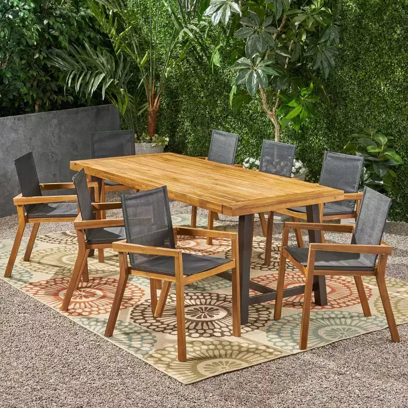 Christopher Knight Home Claude Outdoor Mesh and Acacia Wood 9 Piece Dining Set with 79 Dining Table