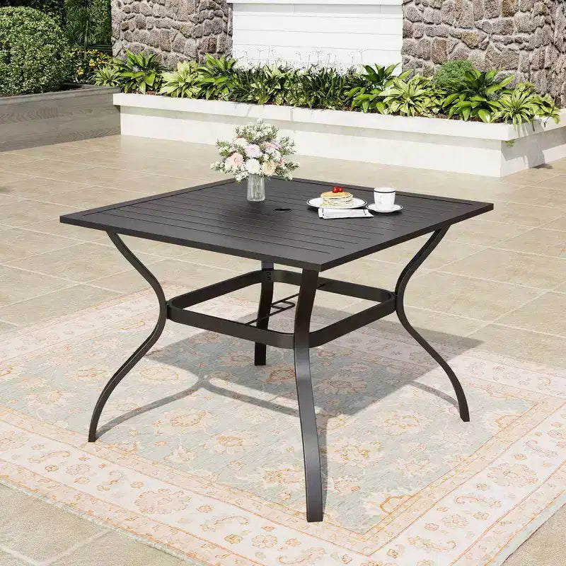 Captiva Designs Patio Dining Set with Slat-top Steel Table & Metal Chairs with Cushions