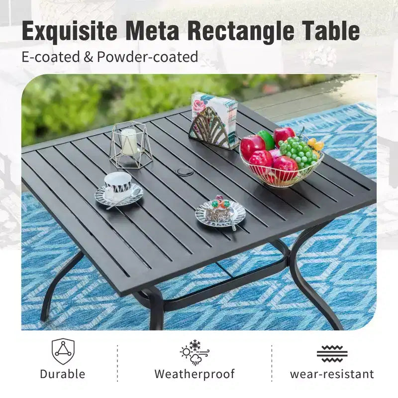 Captiva Designs Patio Dining Set with Slat-top Steel Table & Metal Chairs with Cushions