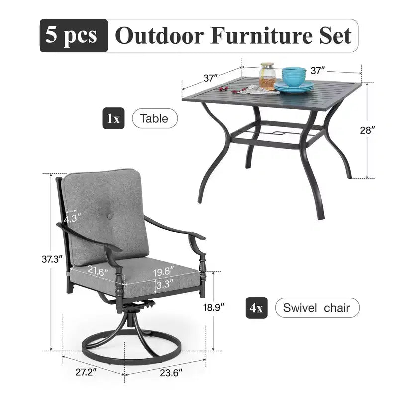 Captiva Designs Patio Dining Set with Slat-top Steel Table & Metal Chairs with Cushions