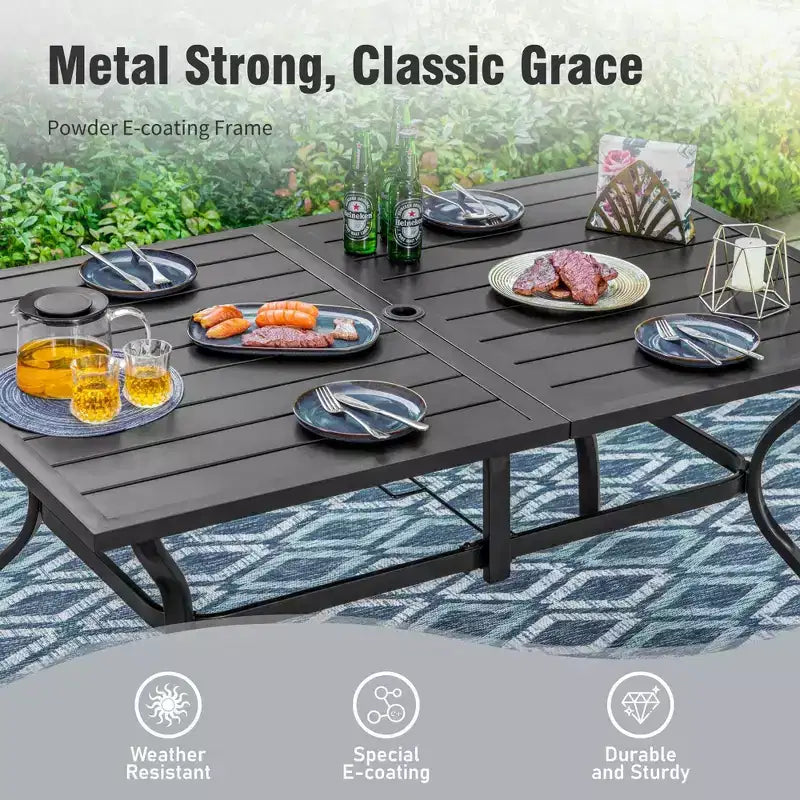 Captiva Designs Patio Dining Set with Slat-top Steel Table & Metal Chairs with Cushions