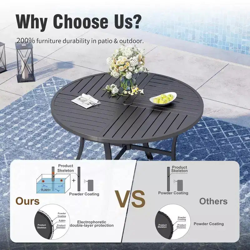 Captiva Designs Patio Dining Set with Slat-top Steel Table & Metal Chairs with Cushions