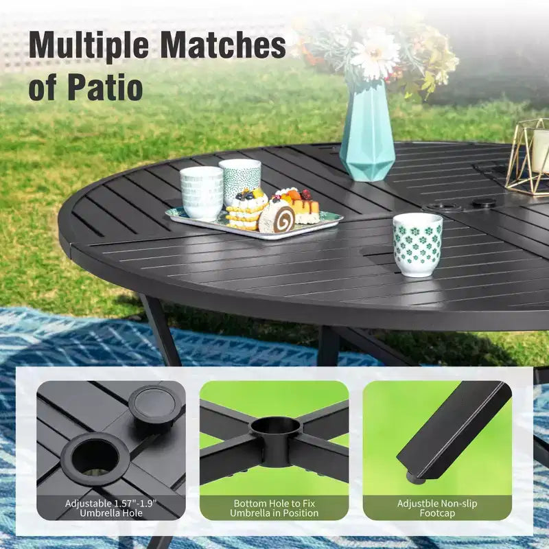 Captiva Designs Patio Dining Set with Slat-top Steel Table & Metal Chairs with Cushions