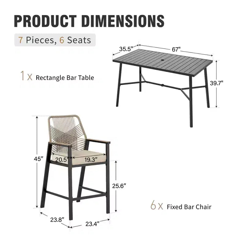 Captiva Designs Outdoor Patio Dining Bar Set with Steel Bar Table & Rattan Bar Stools with Cushions