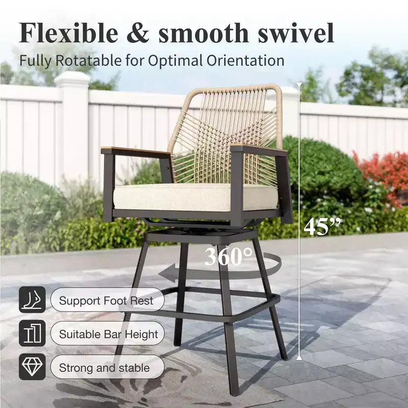 Captiva Designs Outdoor Patio Dining Bar Set with Steel Bar Table & Rattan Bar Stools with Cushions