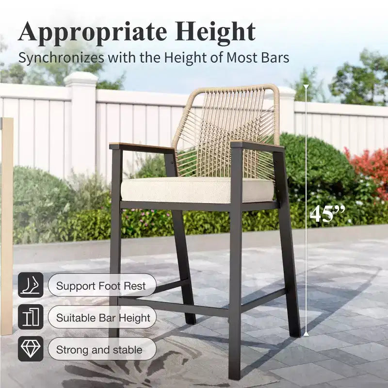 Captiva Designs Outdoor Patio Dining Bar Set with Steel Bar Table & Rattan Bar Stools with Cushions
