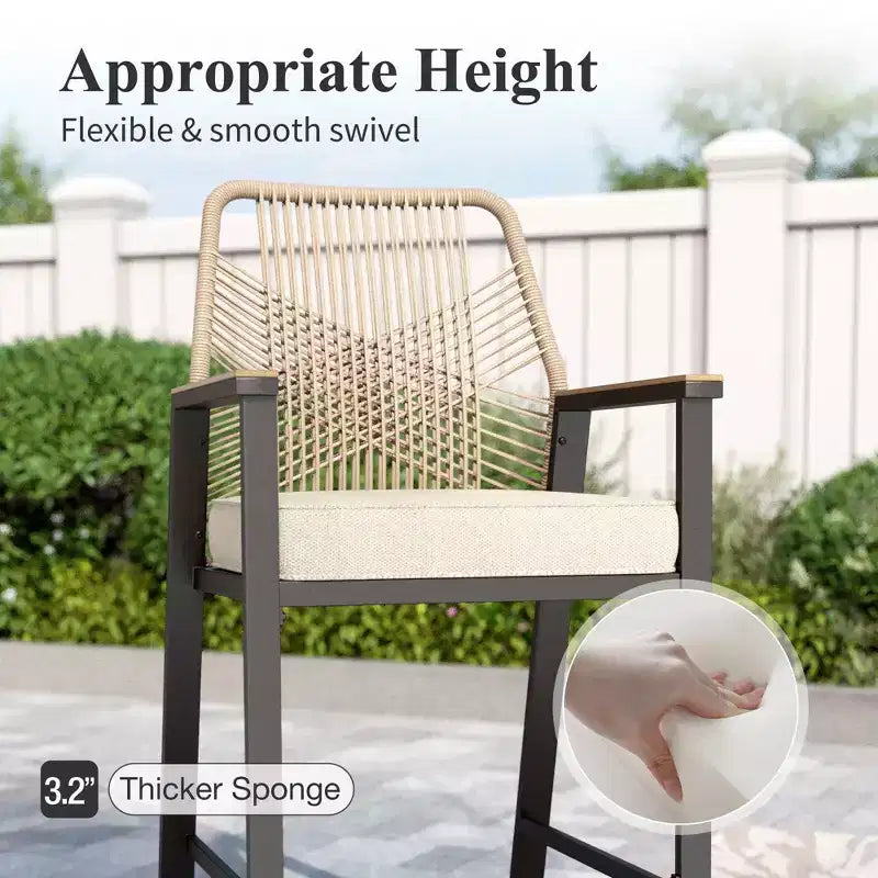 Captiva Designs Outdoor Patio Dining Bar Set with Steel Bar Table & Rattan Bar Stools with Cushions