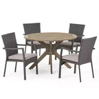 GDFStudio Tara Outdoor Wicker and Acacia Wood 5 Piece Dining Set with Cushions