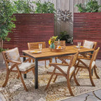 GDFStudio Lennox Outdoor Acacia Wood 7 Piece Dining Set with Cushion, Teak/Cream