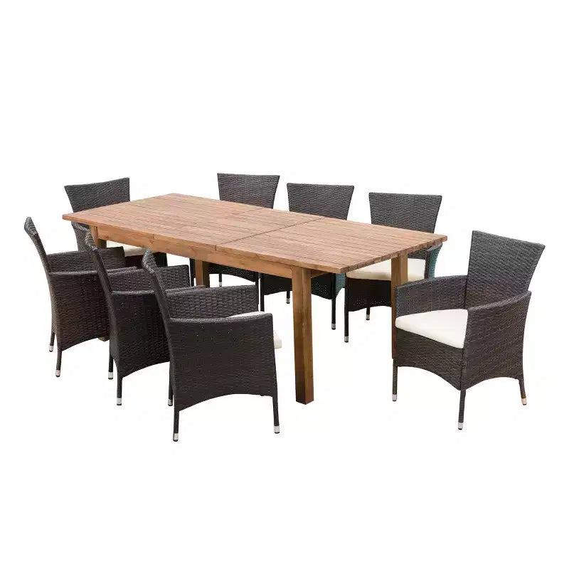 GDFStudio Kenerson Outdoor 9 Piece Wicker and Acacia Wood Dining Set with Expandable Dining Table, Teak/Multibrown