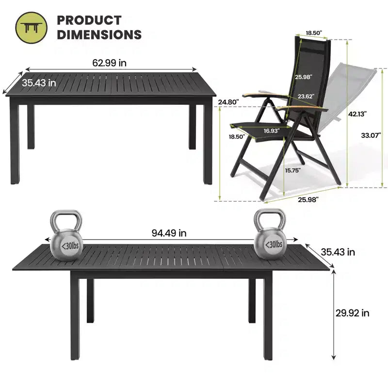Crestlive Products 9pc Patio Expandable Dining Set Aluminum Outdoor 94.5'' Rectangular Table for 6 to 8 with Folding Chairs