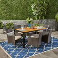 Christopher Knight Home Abel Outdoor Acacia Wood and Wicker 7 Piece Dining Set with Cushion, Teak/Multibrown