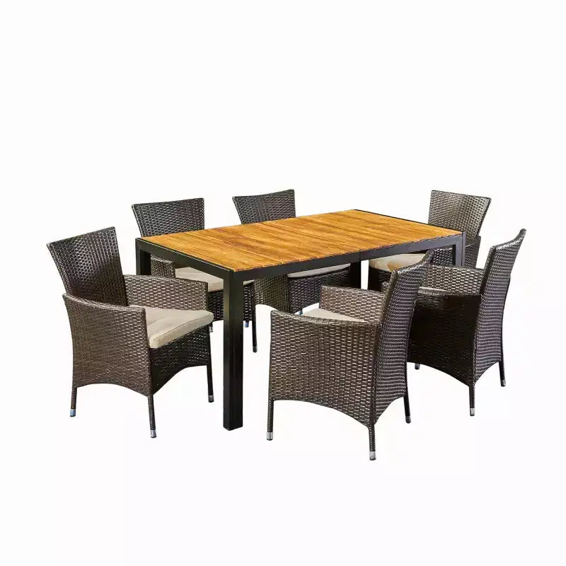 Christopher Knight Home Abel Outdoor Acacia Wood and Wicker 7 Piece Dining Set with Cushion, Teak/Multibrown