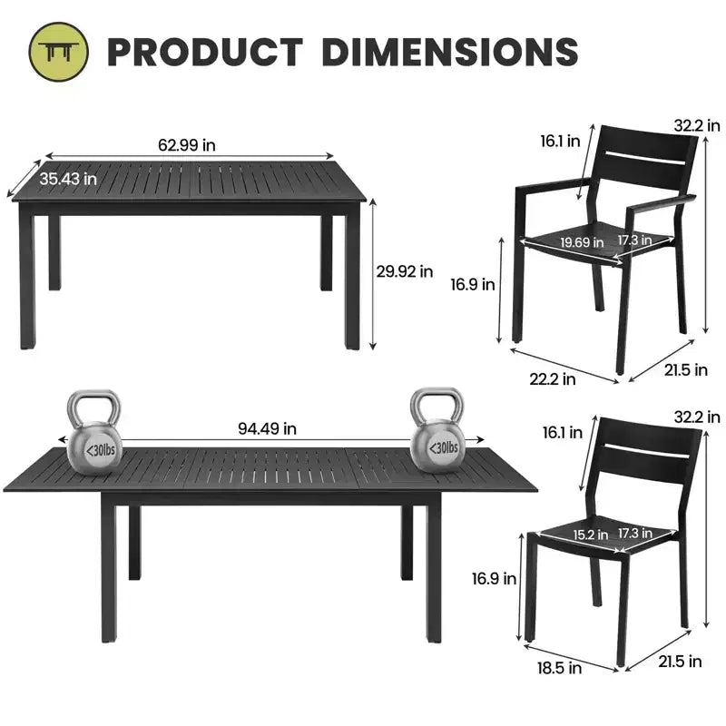 Crestlive Products 9pc Aluminum Patio Dinning Set 94.5in Table and 8 Chairs Aluminum Top Black for Outdoor Pool Lawn