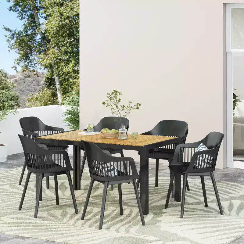 Christopher Knight Home Strada Outdoor Resin and Acacia Wood 7 Piece Dining Set, Black/Teak