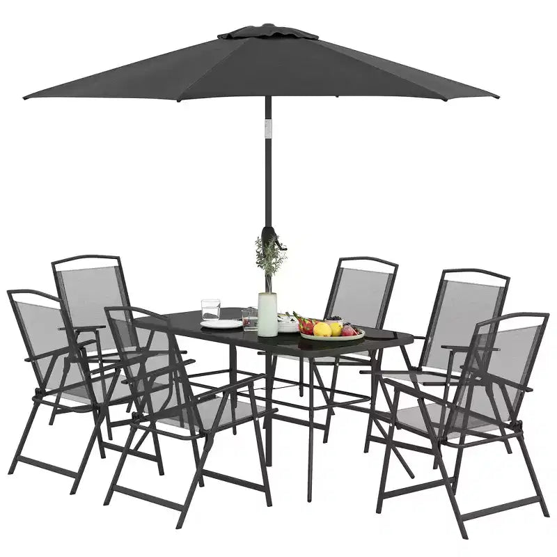 Outsunny 8 Piece Patio Dining Set with Table Umbrella, 6 Folding Chairs and Rectangle Dining Table, Outdoor Patio Furniture Set, Black