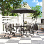 Outsunny 8 Piece Patio Dining Set with Table Umbrella, 6 Folding Chairs and Rectangle Dining Table, Outdoor Patio Furniture Set, Black