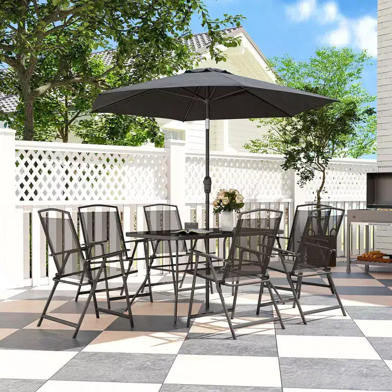 Outsunny 8 Piece Patio Dining Set with Table Umbrella, 6 Folding Chairs and Rectangle Dining Table, Outdoor Patio Furniture Set, Black