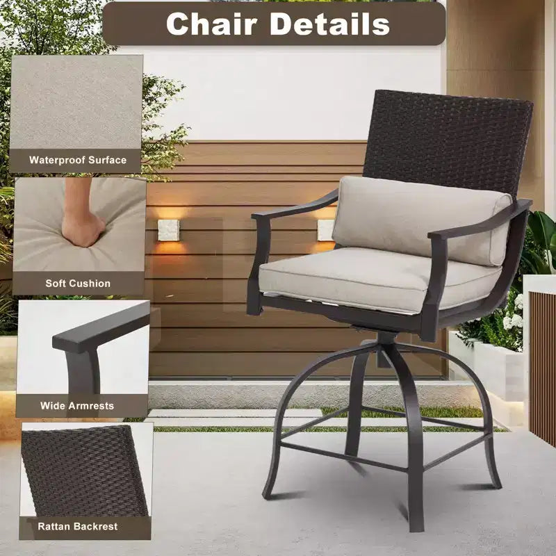 EROMMY 3 Piece Outdoor Patio Set, High Top Patio Bar Set With Round Table (1.96'' Umbrella Hole) And 2 Swivel Dining Chairs With Lumbar Pillow