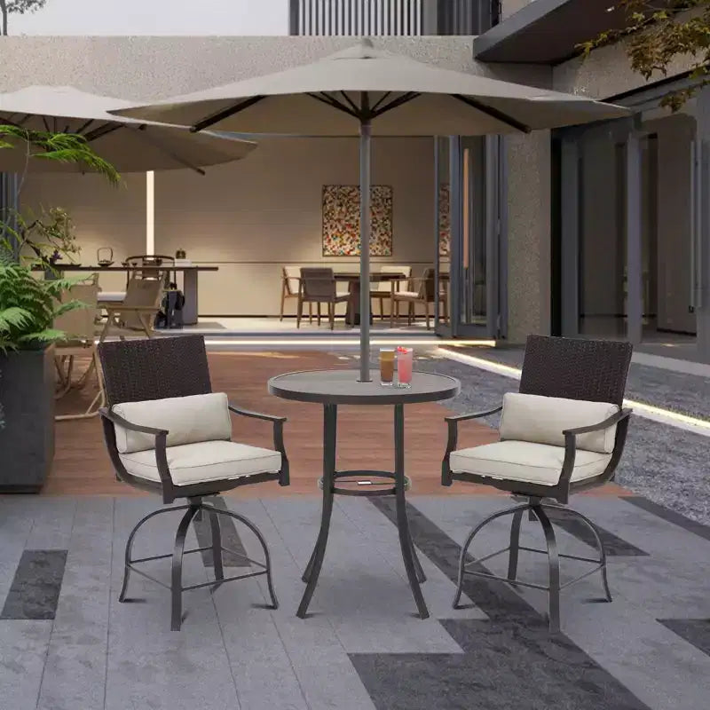 EROMMY 3 Piece Outdoor Patio Set, High Top Patio Bar Set With Round Table (1.96'' Umbrella Hole) And 2 Swivel Dining Chairs With Lumbar Pillow