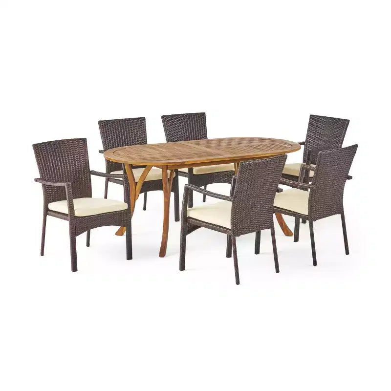 Christopher Knight Home Klondike Outdoor Acacia Wood and Wicker 7 Piece Dining Set with Cushions