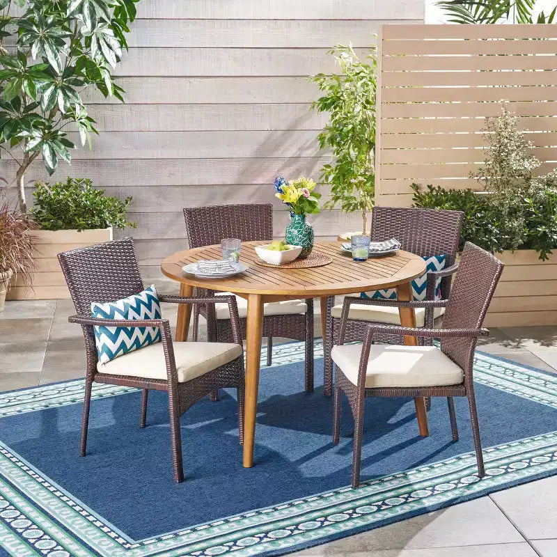Christopher Knight Home Haley Outdoor Acacia Wood and Wicker 5 Piece Dining Set with Cushion