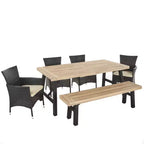 GDFStudio Bruna Outdoor Wicker and Acacia Wood 6 Piece Dining Set with Bench, Brushed Gray/Multibrown