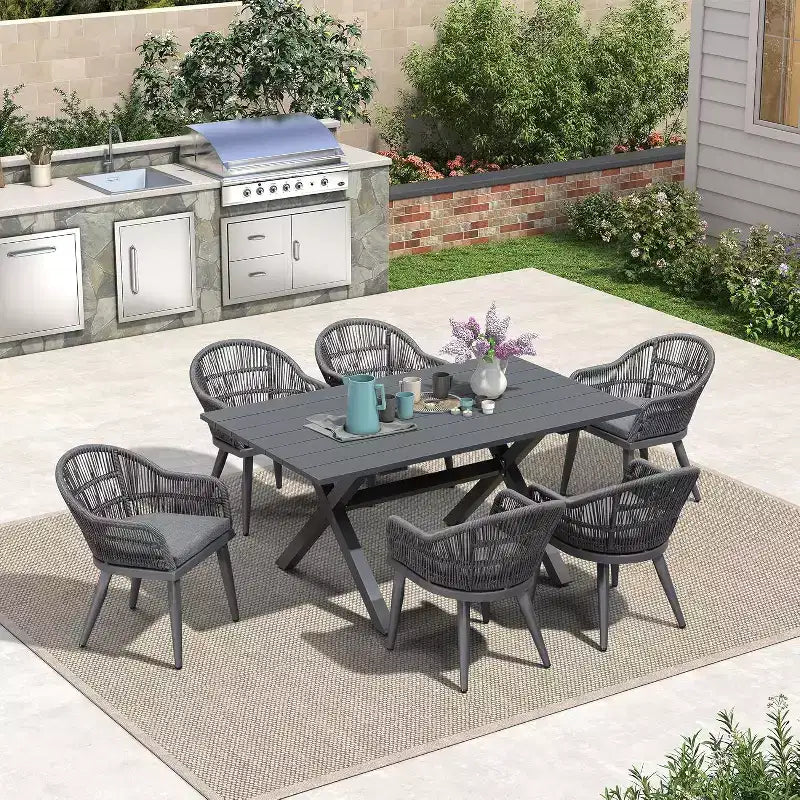 Set da pranzo da giardino PURPLE LEAF con tavolo da pranzo da esterno in alluminio e sedie in rattan intrecciato, set di mobili moderni per giardino, cortile e arredamento da interno