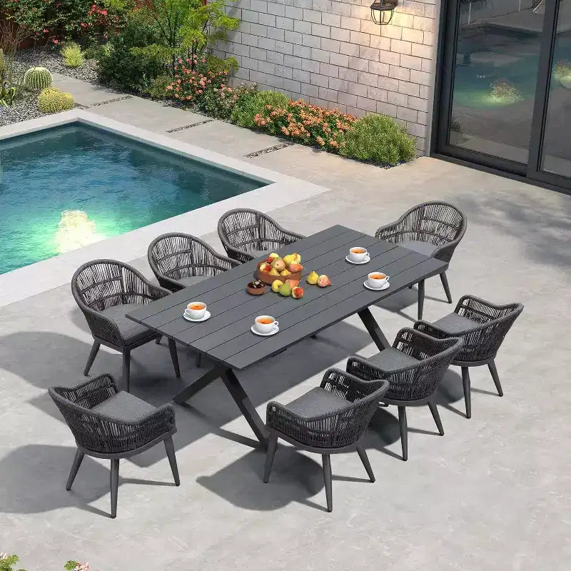 Set da pranzo da giardino PURPLE LEAF con tavolo da pranzo da esterno in alluminio e sedie in rattan intrecciato, set di mobili moderni per giardino, cortile e arredamento da interno