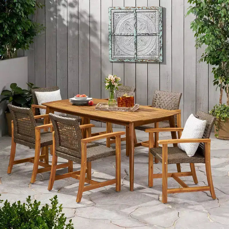 Christopher Knight Home Botsford Outdoor Acacia Wood and Wicker 7 Piece Dining Set, Teak/Mixed Mocha