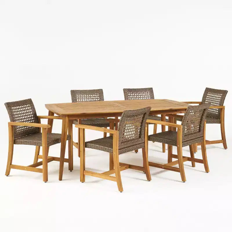 Christopher Knight Home Botsford Outdoor Acacia Wood and Wicker 7 Piece Dining Set, Teak/Mixed Mocha