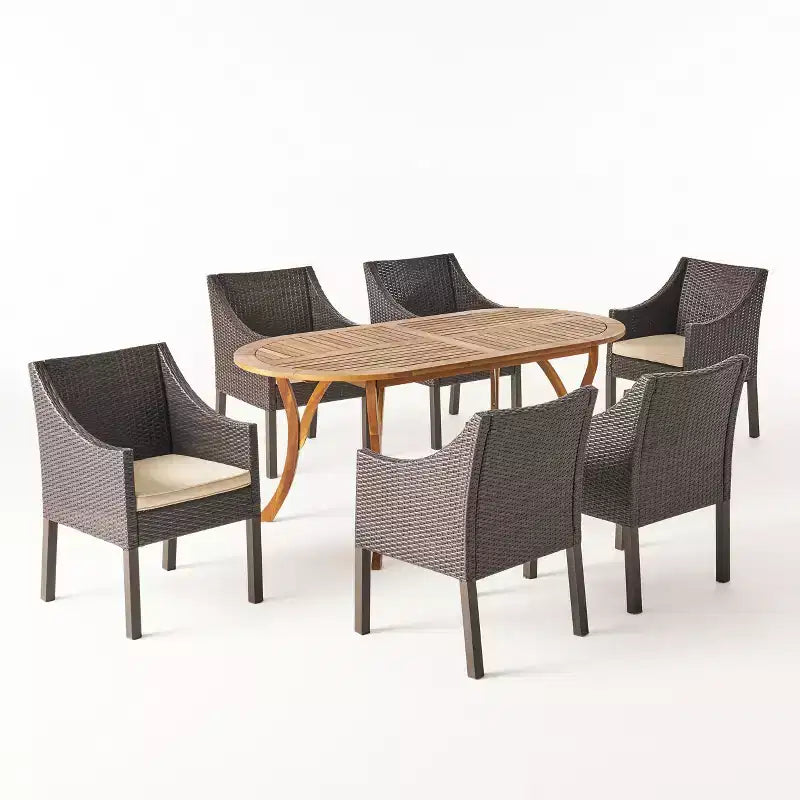 Christopher Knight Home Vermont Outdoor Acacia Wood and Wicker 7 Piece Dining Set with Cushions