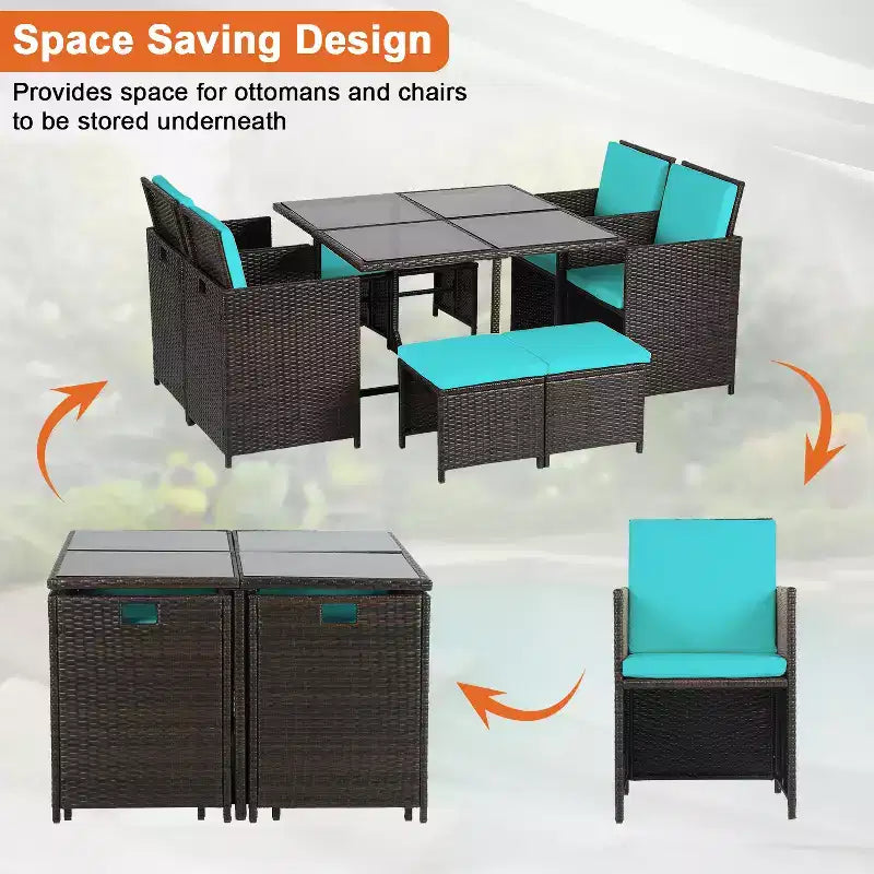 FDW Patio Dining Set Space-Saving 9-Piece Outdoor Patio Furniture Set with Glass-Topped Table