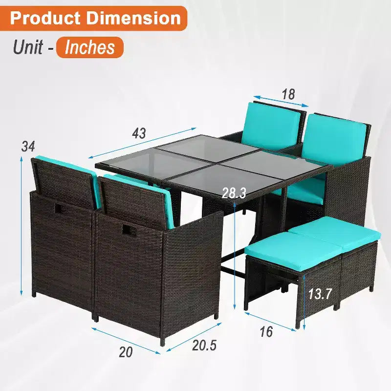 FDW Patio Dining Set Space-Saving 9-Piece Outdoor Patio Furniture Set with Glass-Topped Table