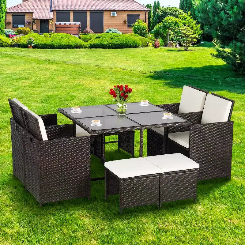 FDW Patio Dining Set Space-Saving 9-Piece Outdoor Patio Furniture Set with Glass-Topped Table
