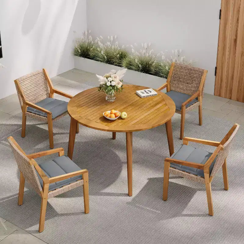 Christopher Knight Home Neva 5 Piece Outdoor Dining Set with Acacia Wood Table and Wicker Chairs